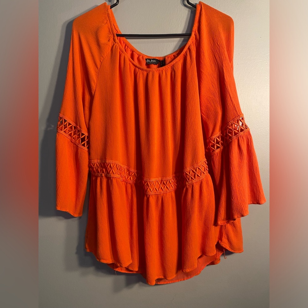 Item 104 Du Jour Bright Orange Boho Peasant Tunic with Crochet Trim